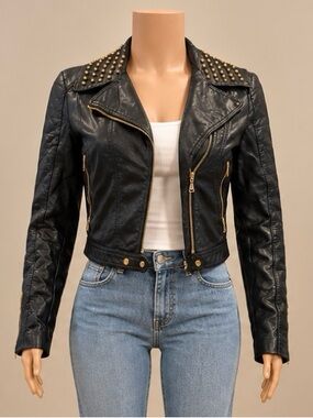 Express Studded Faux Leather Moto Jacket Black Gold XS Y2K Bikercore NWT